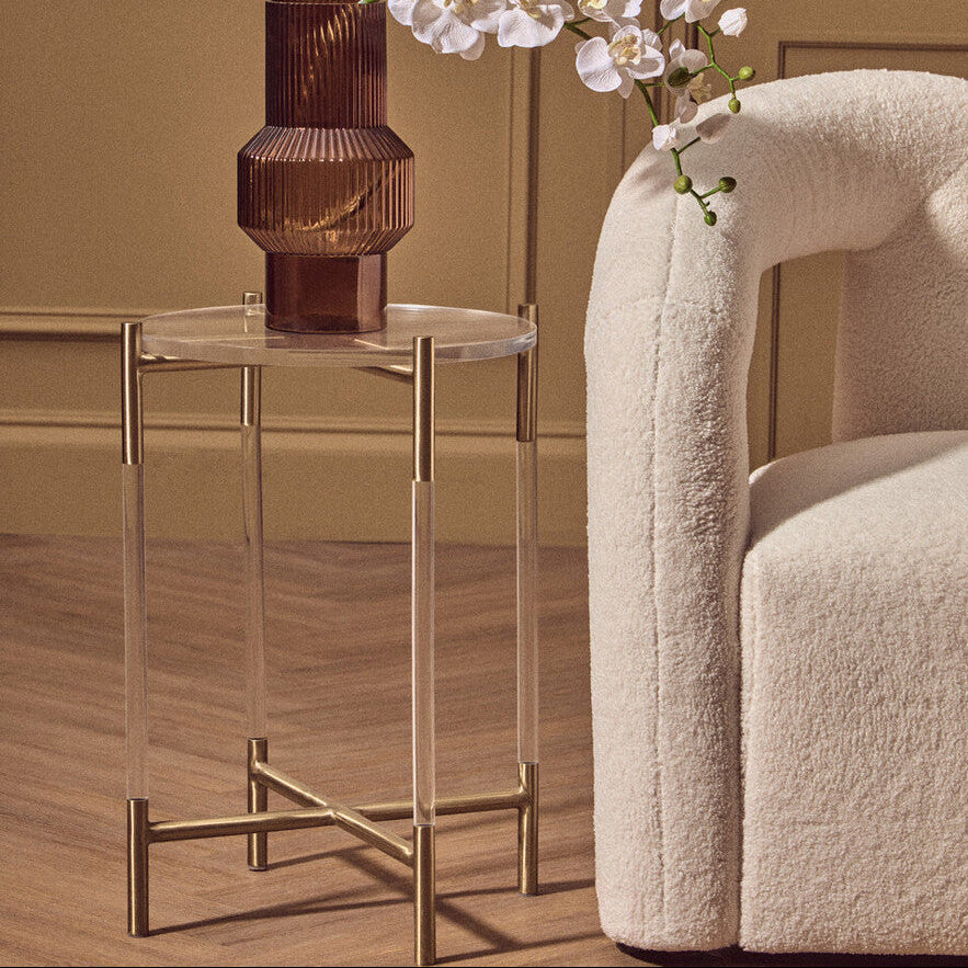 Round Clear Acrylic Side Table with Gold Finish Steel Cross Base, Miley