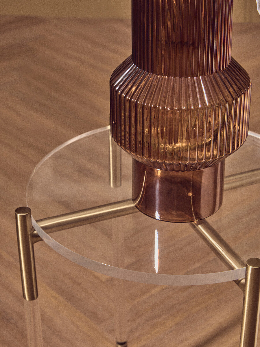 Round Clear Acrylic Side Table with Gold Finish Steel Cross Base, Miley