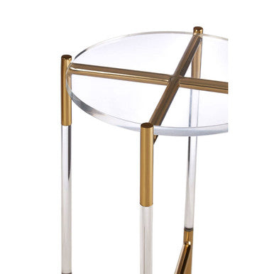 Round Clear Acrylic Side Table with Gold Finish Steel Cross Base, Miley
