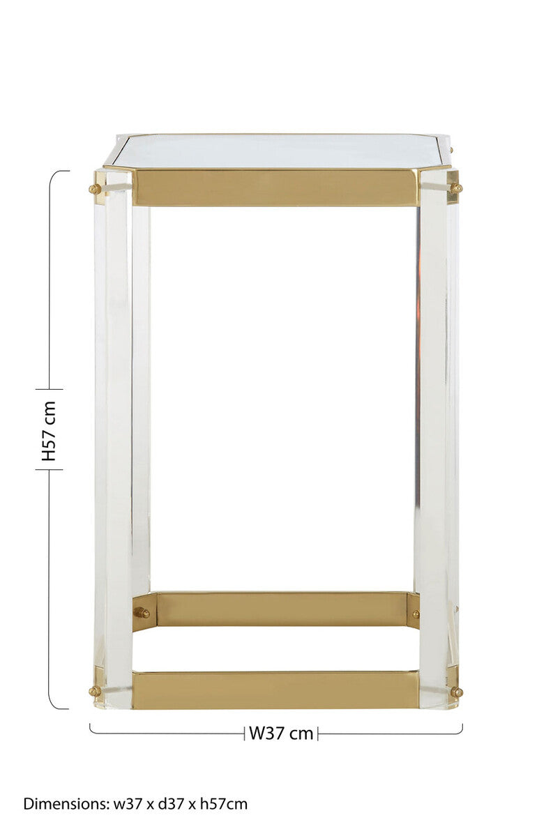 Clear Mirrored Top Side Table with Clear Acrylic Legs and Gold Finish Frame | Miley