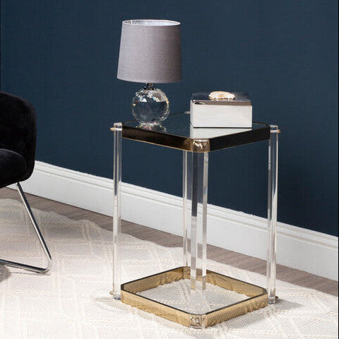 Clear Mirrored Top Side Table with Clear Acrylic Legs and Gold Finish Frame | Miley