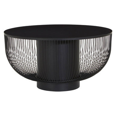 Black Glass Top Round Coffee Table with Matte Black Cylindrical Wireframe Base | Trento