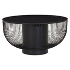 Black Glass Top Round Coffee Table with Matte Black Cylindrical Wireframe Base | Trento