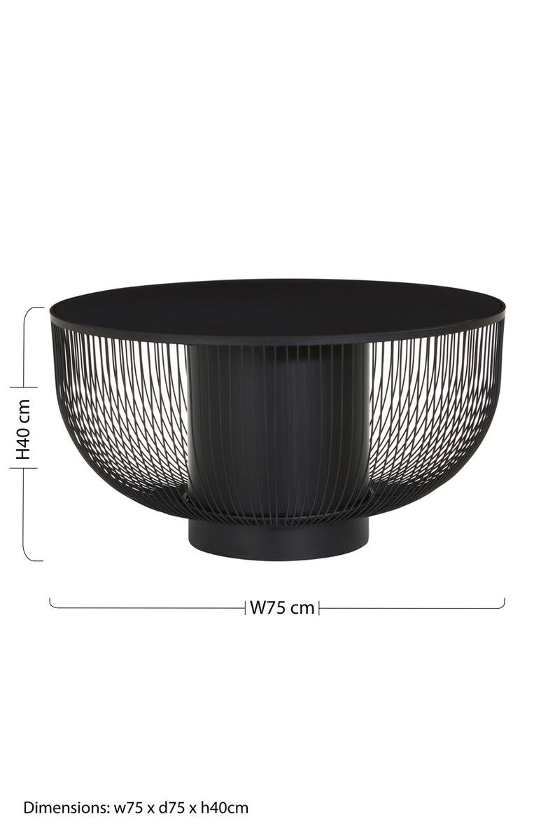 Black Glass Top Round Coffee Table with Matte Black Cylindrical Wireframe Base | Trento