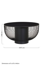Black Glass Top Round Coffee Table with Matte Black Cylindrical Wireframe Base | Trento