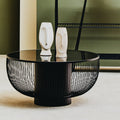 Black Glass Top Round Coffee Table with Matte Black Cylindrical Wireframe Base | Trento
