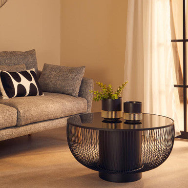 Black Glass Top Round Coffee Table with Matte Black Cylindrical Wireframe Base | Trento