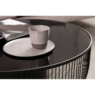 Black Glass Top Round Coffee Table with Matte Black Cylindrical Wireframe Base | Trento