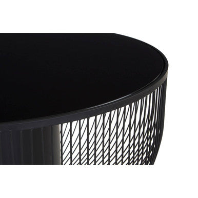 Black Glass Top Round Coffee Table with Matte Black Cylindrical Wireframe Base | Trento