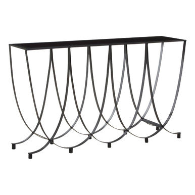 Black Glass Top Console Table with Black Iron Overlapping Curved Base | Trento