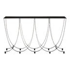 Black Glass Top Console Table with Black Iron Overlapping Curved Base | Trento