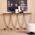 Black Glass Top Console Table with Black Iron Overlapping Curved Base | Trento