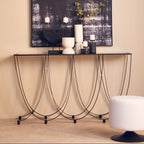Black Glass Top Console Table with Black Iron Overlapping Curved Base | Trento