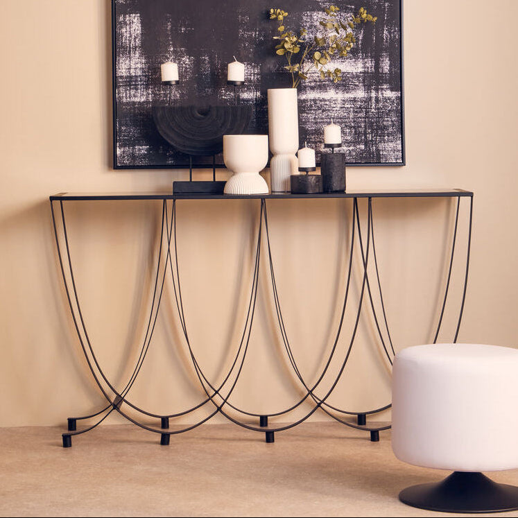 Black Glass Top Console Table with Black Iron Overlapping Curved Base | Trento