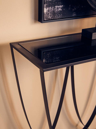 Black Glass Top Console Table with Black Iron Overlapping Curved Base | Trento