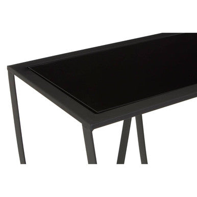 Black Glass Top Console Table with Black Iron Overlapping Curved Base | Trento