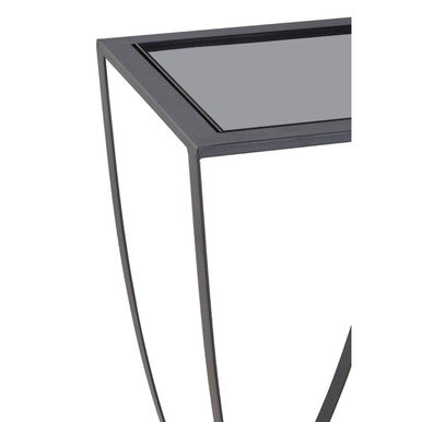 Grey Glass Top Console Table with Black Iron Overlapping Curved Base | Trento