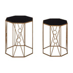 Set of 2 Black Glass Hexagon End Tables with Copper Finish Metal Cross Frame Base | Trento