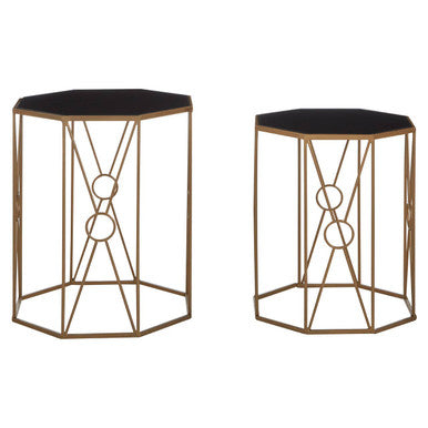 Set of 2 Black Glass Hexagon End Tables with Copper Finish Metal Cross Frame Base | Trento