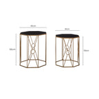Set of 2 Black Glass Hexagon End Tables with Copper Finish Metal Cross Frame Base | Trento