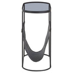Grey Glass Top Side Table with Black Metal Frame and Hanging Mesh Shelf | Trento