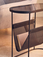 Grey Glass Top Side Table with Black Metal Frame and Hanging Mesh Shelf | Trento