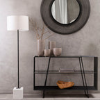 Grey Glass Console Table with Two Open Shelves and Black Metal Frame | Trento
