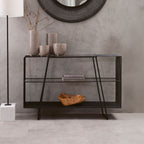 Grey Glass Console Table with Two Open Shelves and Black Metal Frame | Trento