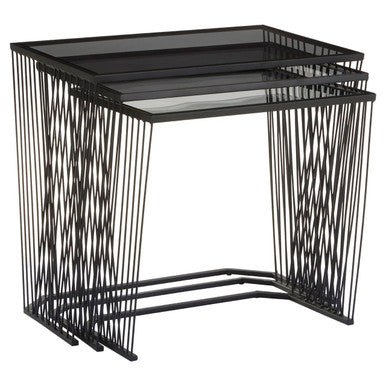 Set of 3 Smoky Grey Glass Tops Nesting Side Tables with Black Metal Wire Frames | Trento