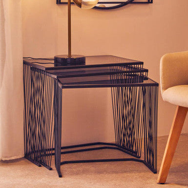 Set of 3 Smoky Grey Glass Tops Nesting Side Tables with Black Metal Wire Frames | Trento