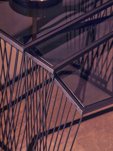 Set of 3 Smoky Grey Glass Tops Nesting Side Tables with Black Metal Wire Frames | Trento