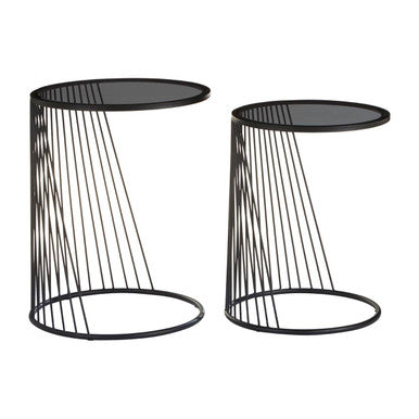 Set of 2 Grey Glass Top Nesting Side Tables with Black Metal Wire Frame | Trento