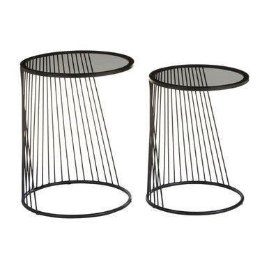 Set of 2 Grey Glass Top Nesting Side Tables with Black Metal Wire Frame | Trento