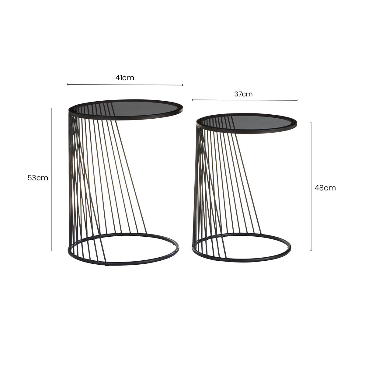 Set of 2 Grey Glass Top Nesting Side Tables with Black Metal Wire Frame | Trento