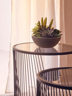 Set of 2 Grey Glass Top Nesting Side Tables with Black Metal Wire Frame | Trento