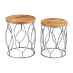 Set of 2 Natural Mango Wood Round Top Side Tables with Reflective Stainless Steel Base | Agra