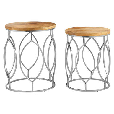 Set of 2 Natural Mango Wood Round Top Side Tables with Reflective Stainless Steel Base | Agra