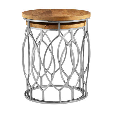 Set of 2 Natural Mango Wood Round Top Side Tables with Reflective Stainless Steel Base | Agra