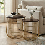 Set of 2 Brown Mango Wood Side Tables with Gold Finish Metal Base | Agra