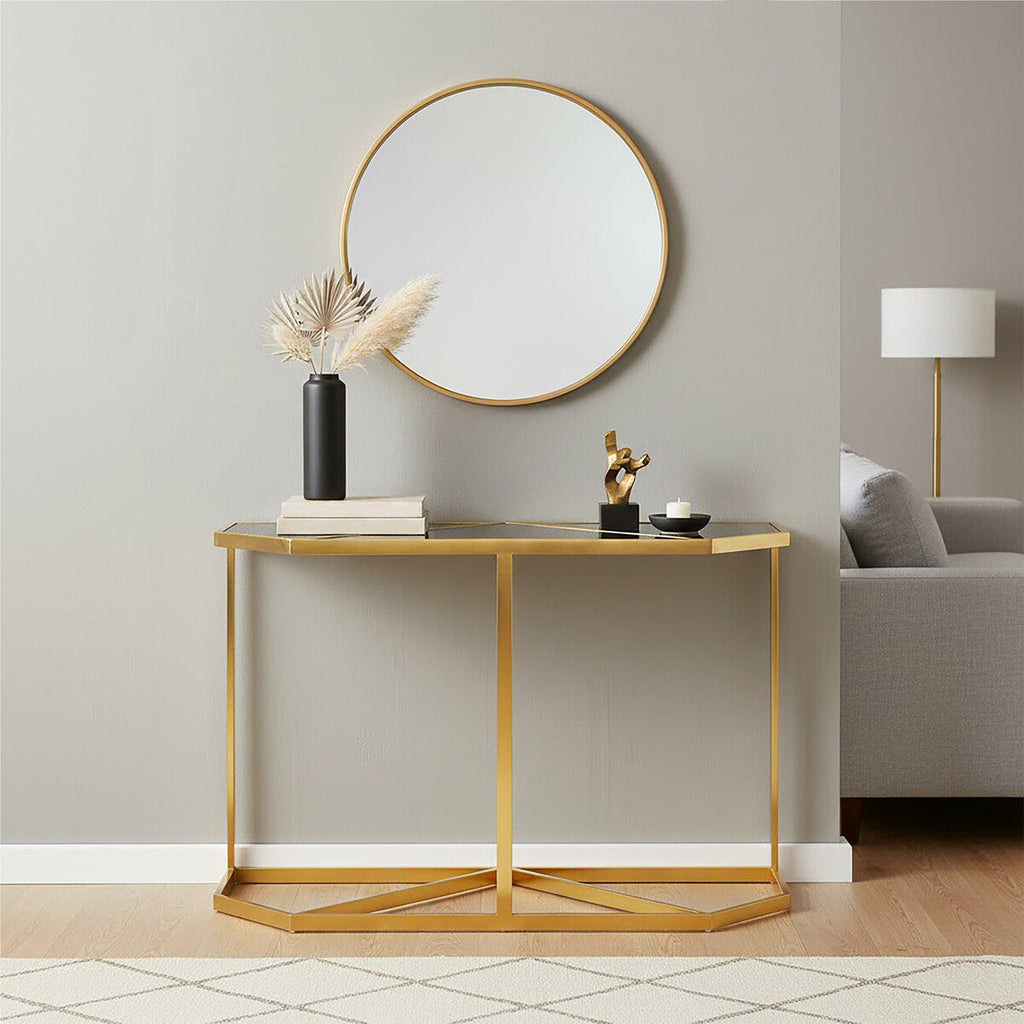 Black Tempered Glass Top Console Table with Gold Finish Stainless Steel Frame | Horizon
