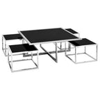 Black Tempered Glass Top and Silver Stainless Steel Frame Coffee Table with 4 Nesting Stools | Horizon