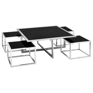Black Tempered Glass Top and Silver Stainless Steel Frame Coffee Table with 4 Nesting Stools | Horizon