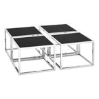 Black Tempered Glass Top and Silver Stainless Steel Frame Coffee Table with 4 Nesting Stools | Horizon