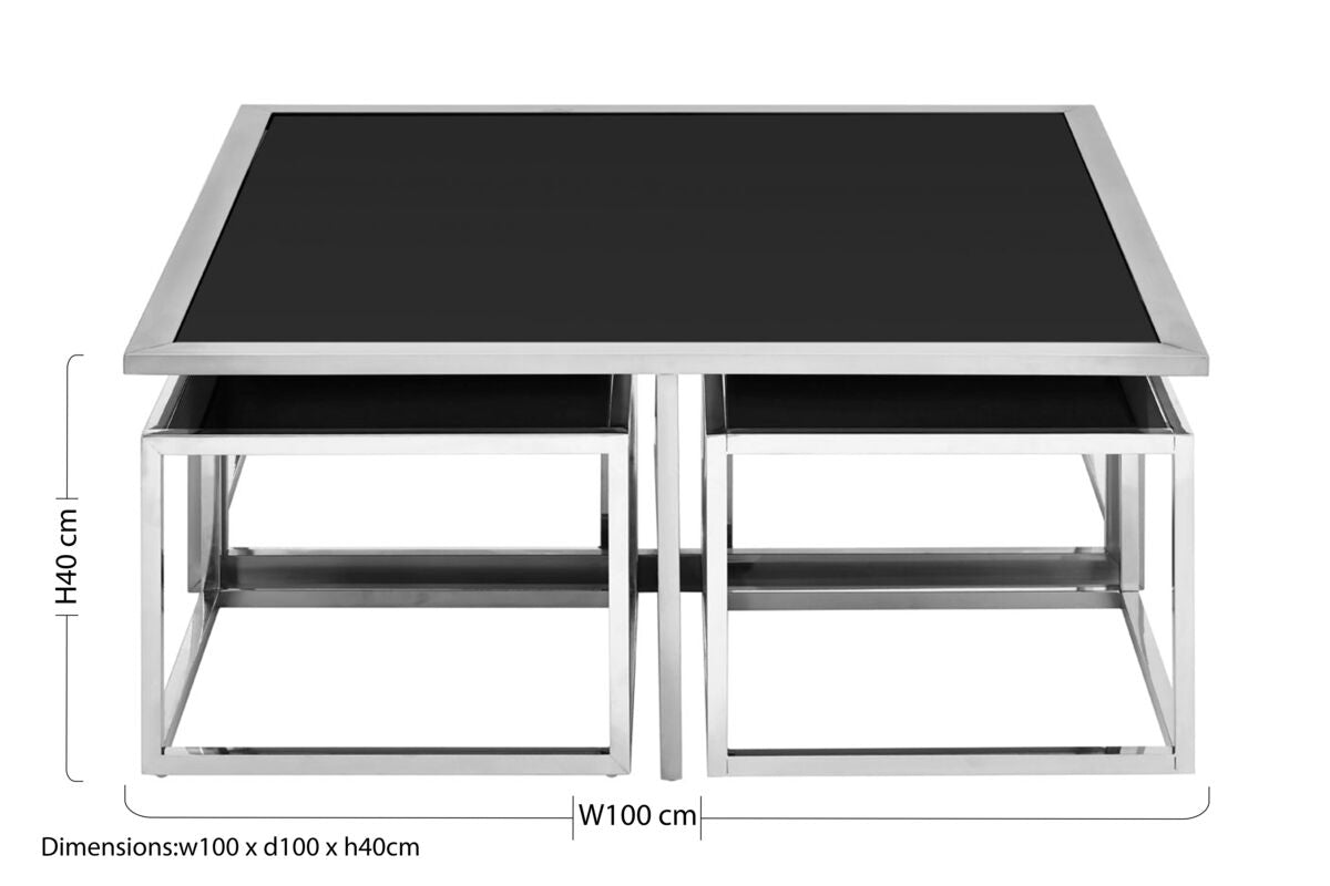 Black Tempered Glass Top and Silver Stainless Steel Frame Coffee Table with 4 Nesting Stools | Horizon