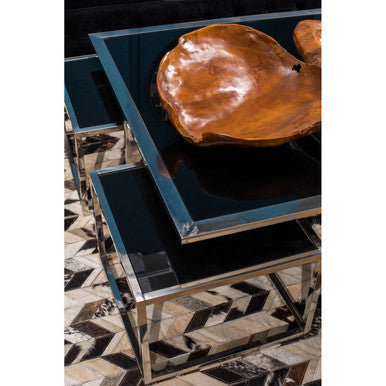Black Tempered Glass Top and Silver Stainless Steel Frame Coffee Table with 4 Nesting Stools | Horizon