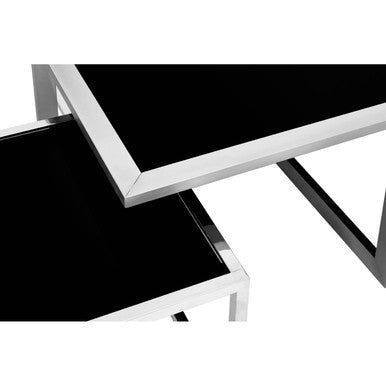Black Tempered Glass Top and Silver Stainless Steel Frame Coffee Table with 4 Nesting Stools | Horizon