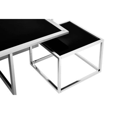 Black Tempered Glass Top and Silver Stainless Steel Frame Coffee Table with 4 Nesting Stools | Horizon