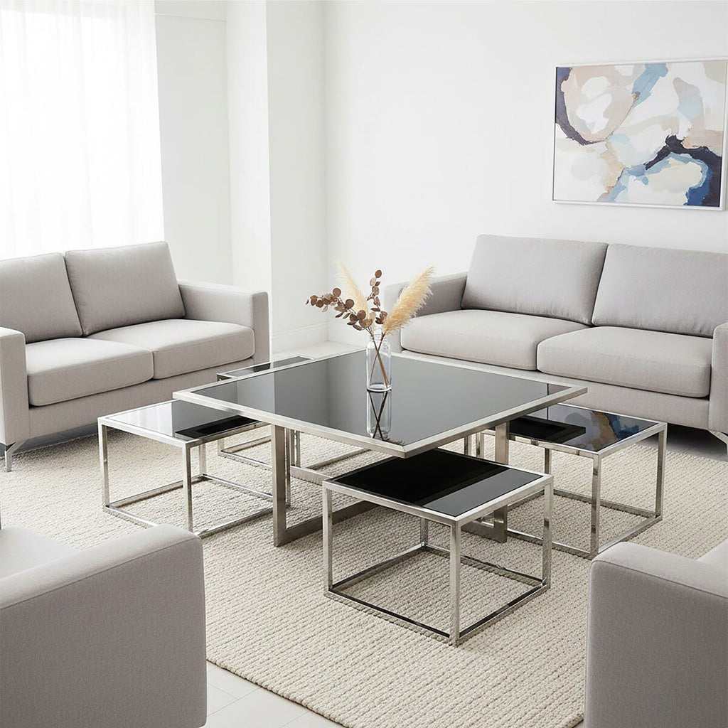 Black Tempered Glass Top and Silver Stainless Steel Frame Coffee Table with 4 Nesting Stools | Horizon