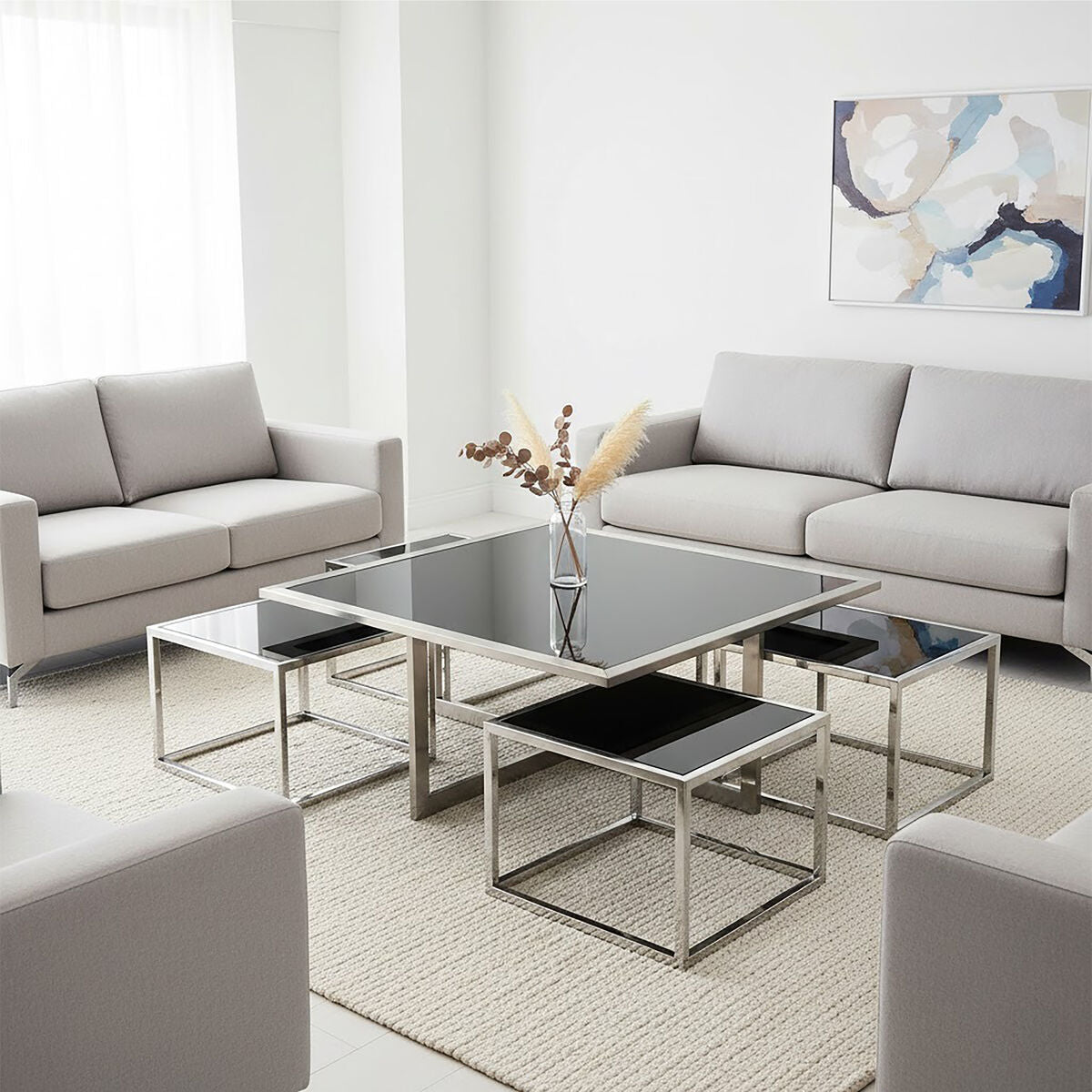 Black Tempered Glass Top and Silver Stainless Steel Frame Coffee Table with 4 Nesting Stools | Horizon