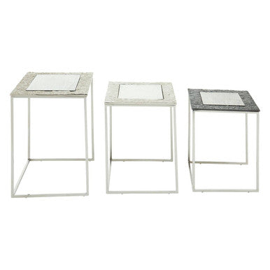 Antique Glass Top Rectangular Set of 3 Nesting Side Tables with Nickel and Gunmetal Frame | Akola